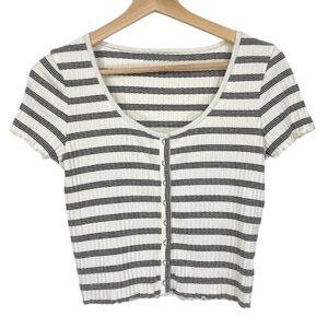 AE American Eagle Cropped Striped Black and White Ribbed Shirt